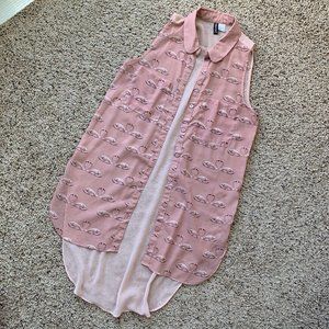 H&M Pink Swan High Low Button Up Blouse, Medium